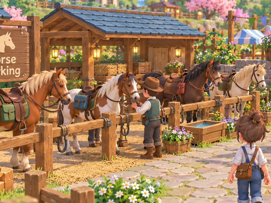Concept art: horses waiting at the festival's horse parking