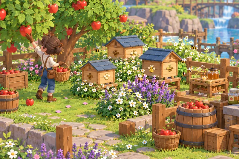 Concept art: apple trees, beehives and a cider press