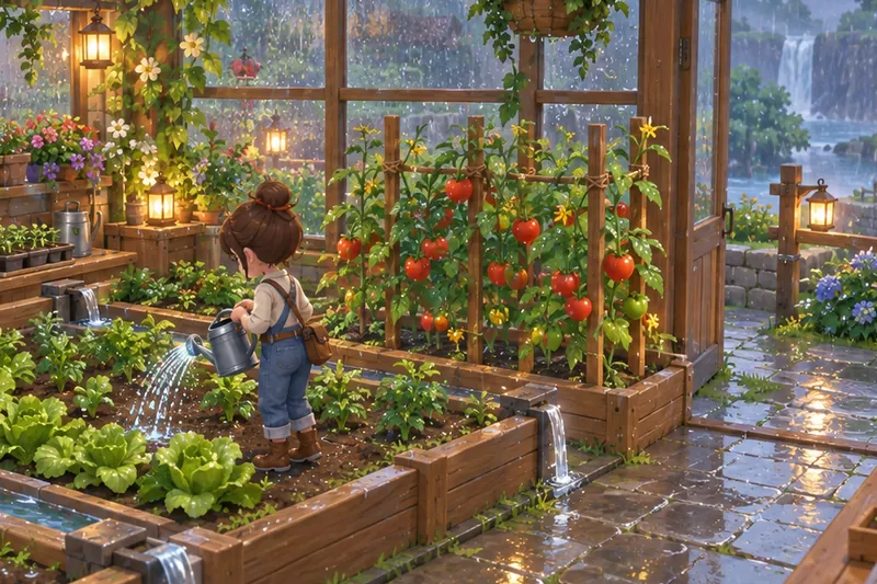 Concept art: watering plants in a greenhouse on a rainy day