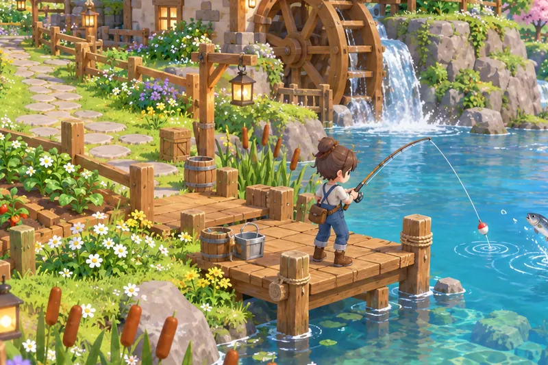 Concept art: fishing from a wooden dock by a water mill